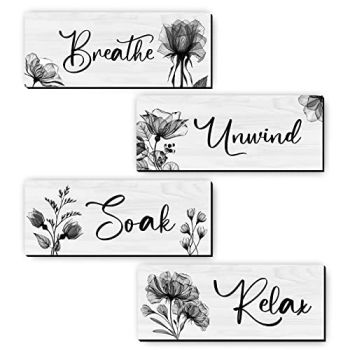 4 Pieces Bathroom Wall Art Rustic Farmhouse Decor Sign Relax Soak Unwind Breathe Wood Hanging Sign for Home Spa Bathroom Laundry Decor