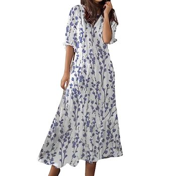 Maxi Dress for Women Half Sleeve Casual V Neck Drawstring Ruffle Collar Dresses 2024 Lightweight Floral Boho Sundress