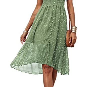 Green Dresses for Women Long Wrap Dress Polka Dot Short Sleeve Summer Dress for Women Beach Elastic Waist Smocked Long Dress (Light Green