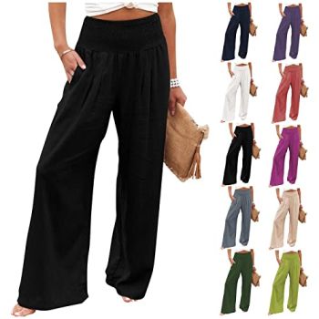 2024 Womens Cotton Linen Wide Leg Pants Summer Casual High Waisted Palazzo Pants Baggy Lounge Beach Trousers