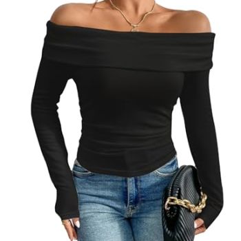 Women's Sexy Off Shoulder Tops Y2K T-Shirt Slim Fit Long Sleeves Spring Fall Blouse Going Out Nightout Shirt(Black,S)