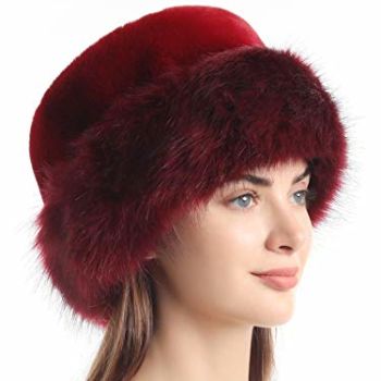 Soul Young Women's Leopard Faux Fur Hats Fluffy Bucket Hat Russian Style for Winter(One Size,Burgendy)