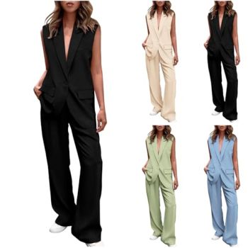 2 Piece Sets For Women Going Out Summer Sleeveless V Neck Button Down Tank Top Wide Leg Pants Business Casual Oufits