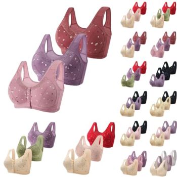 3Pc Front Closure Sports Bras for Women Large Bust Full Coverage Wireless Comfortable Bras Retro Bras Plus Size