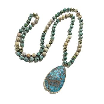 Long Genuine Stone beads and Pendant Necklace for Woman. Hand Knotted natural stone beads