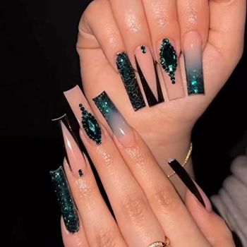 Long Coffin Press on Nails Ballerina Fake Nails Glossy Glue on Nails Black French Tip Acrylic Nails Green Bling Glitter Artificial Nails 3D Rhinestone Stick on False Nails