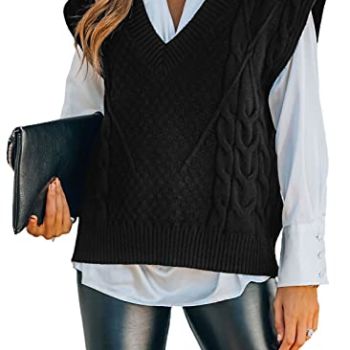 Oversized Sweaters for Women Black Sweater Vest Women Sleeveless Sweater Tops Vintage Knit V Neck Sweater Vest Business Casual Outfits for Women Christmas Cropped Pullover Sweater Tank,Medium