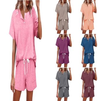 Women's Two Piece Sets Summer Outfits Loungewear Tracksuits Short Sleeve Drawstring Shorts Casual Set Sportswear