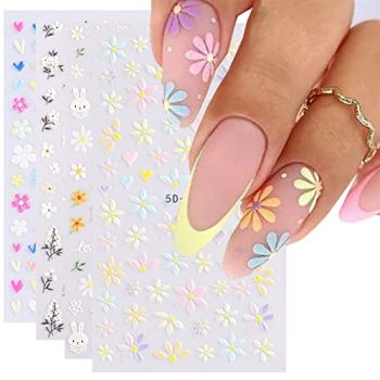 Flower Nail Art Stickers 5D Embossed Nail Decals Spring Daisy Nail Art Design Self Adhesive Nail Supplies White Yellow Colorful Flower Nail Stickers for Women Nail Decoration