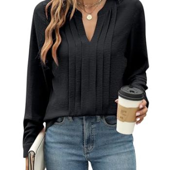 Women's Dressy Casual Blouses Business Work Tops Black Long Sleeve V Neck Flowy Pleated Shirts 2023 Cute Fall Outfits (Black,Medium)