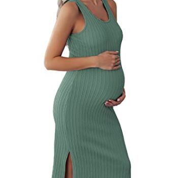 Ladies Maternity Midi Dresses Sleeveless Rib Knit Pencil Dress Slit Side Loungewear (Mint Green