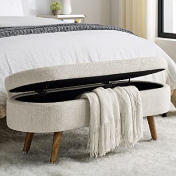 Oval Storage Bench 43.5" Linen Fabric Upholstered Entryway Bench