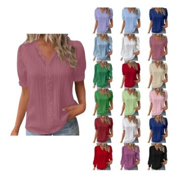 Casual Tops for Women Basic T Shirts Loose Fit V Neck Short Sleeve Summer Clothes Elegant Flower Edge Splice Shirts