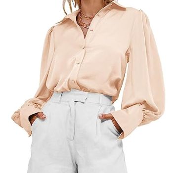 Women Satin Button Down Shirts Summer Spring Lantern Long Sleeve Lapel V Neck Blouse Loose Casual Office Work Tops(Solid Beige