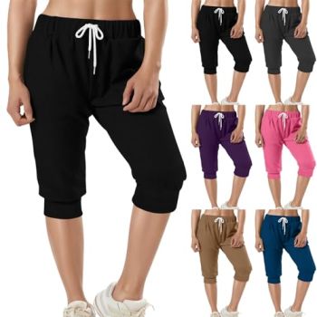 Capri Pants for Women Elastic Waisted Cinch Bottom Pants Casual Summer Drawstring Soft Comfy Solid Capris