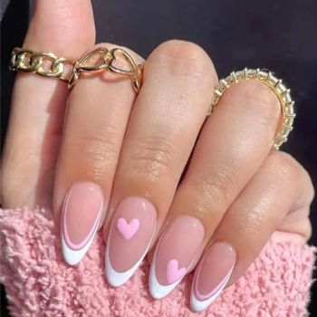 Valentine's Day Press on Nails Long Fake Nails Acrylic French Pink Heart Almond Pink Line White Edge Luxury Design Romantic Valentine's day Nail Decoration for Nails for Women and Girls 24 Pcs
