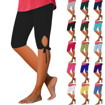 2024 Summer Cropped Pants for Women High Waisted Sports Yoga Knee Length Capri Leggings Tummy Control 3/4 Stretch Casual Exercise Workout Capris A-Black