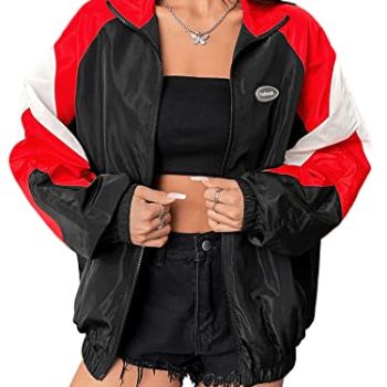 Women's Zip Up Color Block Lightweight Jacket Patchwork Sport Windbreaker Jacket Coat Outerwear Black Red White M