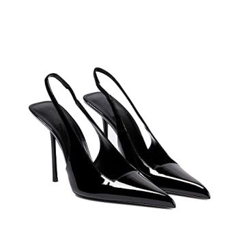 Women's Pointed Toe High Stiletto Heels Slingback Stretch Slip-on Pumps Backless Patent Leather Fashion Dress Shoes for Women Black