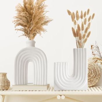 White Ceramic Flower Vase Set of 2 for Home Decor