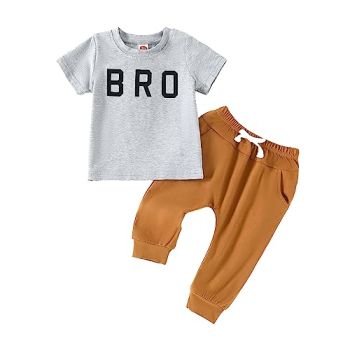 Toddler Baby Boy Clothes Short Sleeve Bro Letter Print T-shirt Top Casual Pants Infant Boys Outfit Set 2PCS