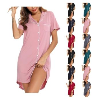 Soft Pajamas for Women Dress Nightgowns Short Sleeves Button Down Night Shirts V Neck Sleepwear Daily Pajama Dress