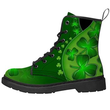 Men's Women's Green Shamrock Boots Vegean Leather Combat Boot St. Patricks Day Clover Boots Gifts for Friends,US Size 8 Men/9.5 Women