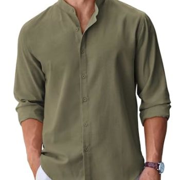 Mens Dress Shirts Long Sleeve Button Down Collar Shirt Business Casual Shirts Army Green