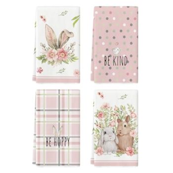 Pink Bunny Rabbit Ears Floral Leaves Easter Kitchen Towels Dish Towels