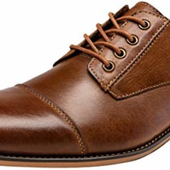 Men's Dress Shoes Leather Mens Oxfords Cap Toe Formal Shoes for Men Classic Modern Derby Shoes (AMY613 Yellow Brown 8)