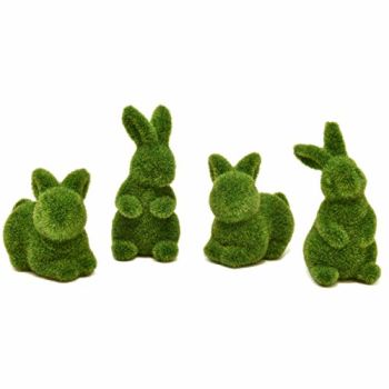 4 Green Fuzzy Flocked Bunny Easter Holiday Spring Decor Rabbit Figurines Garden Artificial Animal Moss for Indoor Table Home