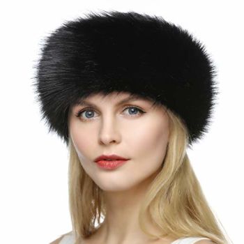 Womens Faux Fur Headband Winter Earwarmer Earmuff Hat Ski (Black)