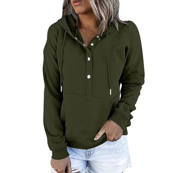 Womens Hoodies 2024 Casual Loose Half Buttons Pullover Tops Fall Trendy Drawstring Long Sleeve Sweatshirts w/Pockets Army Green