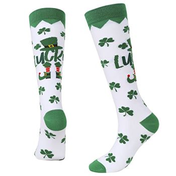 St Patricks Day Socks Knee High Socks for Women Novelty Green Shamrocks Lucky Irish Socks Clover Stockings