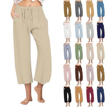Today Deals of The Day 50% Percent Off Deals Today Cotton Linen Capri Pant for Women 2024 Summer Wide Leg Casual Loose Drawstring High Waist Palazzo Pants Trousers