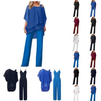 Dressy Jumpsuits For Women Wedding Guest 2 Piece Outfits Cold Shoulder Batwing Sleeve Blouse Wide Leg Pants Rompers