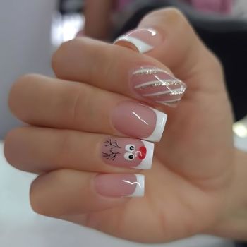 24Pcs Christmas Press on Nails Square Medium Fake Nails White French Tip Acrylic Nails Cute Elk Full Cover False Nails