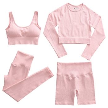 Womens 4 Piece Seamless Yoga Workout Outfits Mixed Matching Activewear Tracksuits Sets for Multi-Sport Light Pink S