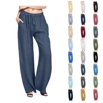 Trendy Business Casual Pant for Women 2024 Summer Cotton Linen High Waist Wide Leg Lounge Pant Trousers
