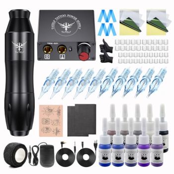 Tattoo Gun Starter kit Rotary Tattoo Machine Pen kit for Beginners 10pcs Cartridges needles ink power supply Foot pedal Complete Tattoo Supplies (Tattoo starter kit)