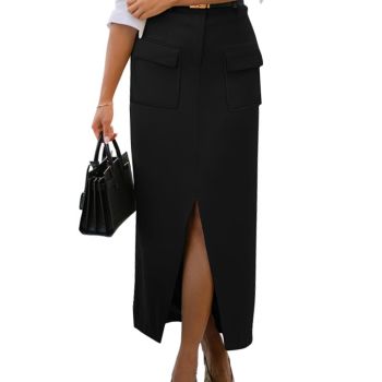 Pencil Skirt for Women Dressy Casual Office Work Black Skirt Stretch High Waist Slit Bodycon Long Skirts for Women 2024 Spring Clothes (Black