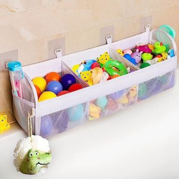 Bath Toy Holder-3 Compartment Bath Toy Storage Organizer-Large Capacity Bath Net for Tub Toys-Tub & Shower Organizer Net Bin-Bathtub Toy Holder for Easy Access Sorting (White)