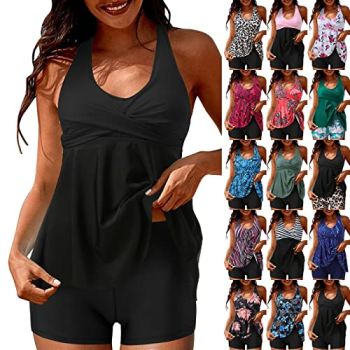2024 Tankini Swimsuits for Women Loose Fit Floral Printed Two Piece Bathing Suits Tummy Control Tankini Top