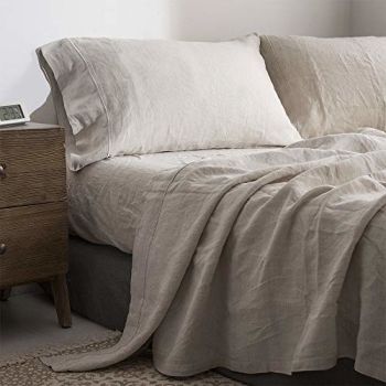 100% Washed Linen Sheet Set-Queen Size-Natural France Flax Bed Sheet-4 Pcs Breathable,Ultra Soft,Farmhouse Bedding (1 Flat Sheet,1 Fitted Sheet,2 Pillowcases)-Embroidery Linen