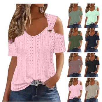 Cold Shoulder Tops for Women Dressy Short Sleeve V Neck Hollow Out Keyhole Trendy Summer Tee 2024 Basic Tunic Shirt B-Pink