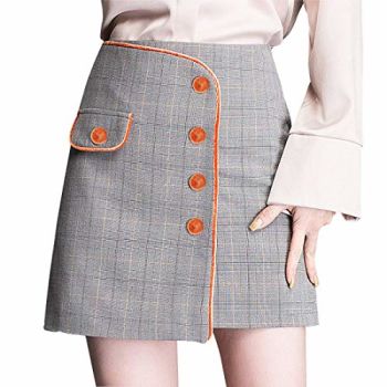 Women's High Waisted Button-Down Plaid Checked A-Line Mini Short Skirt Back Zipper Gray