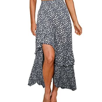 Women 2024 Summer Spring Boho Long Skirts Dress Floral Print Elastic Waist Split Ruffle High Low Beach Maxi Skirt(Z-Navy