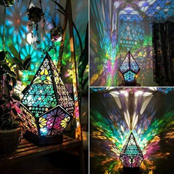 Wooden Bohemian Floor Lamp,Colorful 3D Projection Hollow Lamp,Floor Colorful LED Light,USB Geometric Retro Floor Decorative Lamp