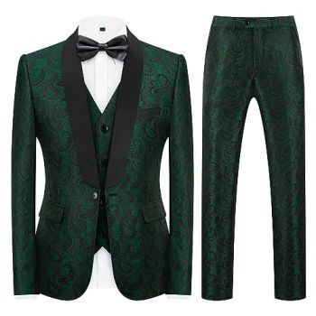 Mens Suits 3 Piece Slim Fit Tuxedo for Men Paisley Suit Prom Tux Shawl Lapel One Button Blazer Vest Pants Set Green