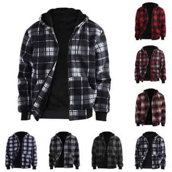 Women'S Clothes Sale Clearance Men Winter Fashion Plaid Large Size Padded Zipper Lapel Long Sleeve Thicken Jacket Plaid Hooded Coat Warm Essentials Hoodies Lighting Deals